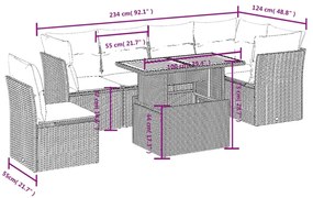 7 pcs conjunto sofás p/ jardim c/ almofadões vime PE cinzento