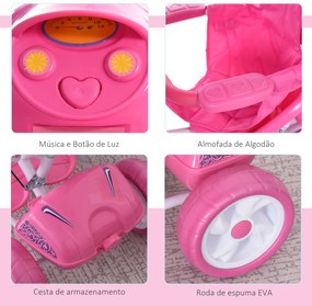 HOMCOM Triciclo para crianças acima de 3 anos Triciclo evolutivo dobrável com funções de luz e música Toldo Forma DE Motocicleta 102x48x96 cm Rosa