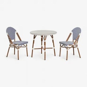 Conjunto De Mesa Redonda Brielle Bistro (80 Cm De Diâmetro) E Duas Cadeiras De Jardim Empilháveis De Alumínio Azul Ken - Gardénia Branco - Sklum