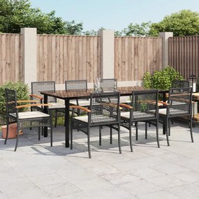 vidaXL 9 pcs conjunto de jantar p/ jardim c/ almofadões vime PE preto