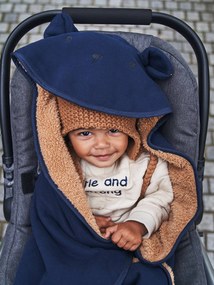 Oferta do IVA - Manta para bebé com capuz, em moletão, forro em pelinho azul escuro liso com motivo
