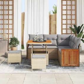 Conjunto de Sofá de Jardim de 8 Peças com Almofadas Bege Vime Poliéste