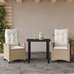 3 pcs conjunto de jantar p/ jardim com almofadões vime PE bege