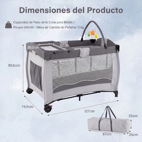 Berço de Viagem para Bebé, 127 x 74 x 90,5 cm, Multifuncional 4 em 1, Cinzento