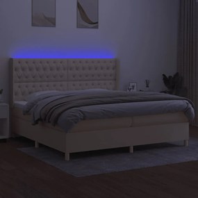 Cama box spring c/ colchão e LED 200x200 cm tecido cor creme