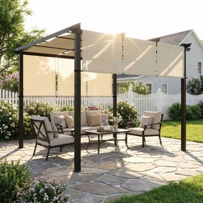 Pérgola Exterior 3x3 m com Toldo deslizante Estrutura de Aço Impermeável e Anti-UV para Terraço ou Pátio Bege