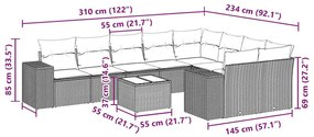 10 pcs conjunto sofás de jardim c/ almofadões vime PE preto