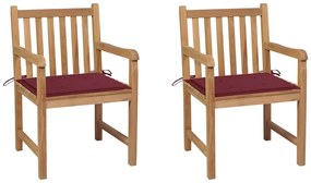 Cadeiras jardim c/ almofadões vermelho tinto 2 pcs teca maciça