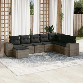 8 pcs conjunto sofás de jardim c/ almofadões vime PE cinzento