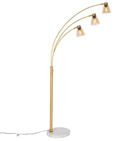 Candeeiro de Arco Bronze com Mármore e Vidro Âmbar 3 Luzes - Nina Art Deco