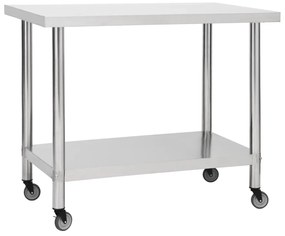 Mesa de trabalho de cozinha c/ rodas aço inoxidável 100x45x85cm