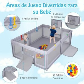 Parque infantil grande e seguro 207 x 145 x 68 cm com cesto de basquetebol e redes de futebol, argolas para lançar e bolas oceânicas, portas cinza cla