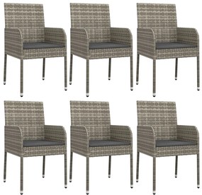 7 pcs conjunto de jantar p/ jardim c/ almofadões vime PE cinza