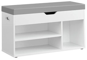 Banco sapateira com espaço de arrumação, estofado, com 3 compartimentos abertos 30 x 80 x 44 cm Branco