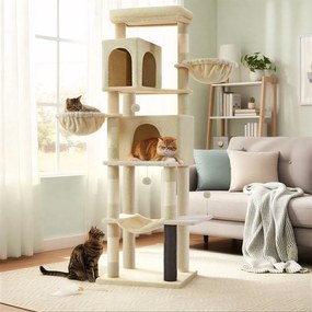 Arranhador gatos com 59 x 48 x 190 cm, com 2 cavidades e 2 recantos para descansar, cor bege areia