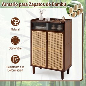 Sapateira, 67 x 33 x 107 cm, 5 Níveis com Portas de Rattan, cor Nogueira