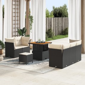 Conjunto de Sofás de Jardim de 8 Peças com Almofadas Rattan Preto Acác
