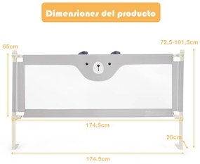 Barra Proteção de cama para crianças 174,5 cm Barra de cama dobrável com elevador vertical duplo bloco de segurança cinza