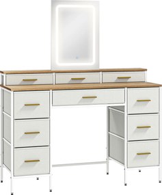 Toucador com Luzes LED de 3 Cores Espelho 10 Gavetas de Tecido e Pés em Aço 118,5x39,5x140 cm cor madeira, cinzento e dourado