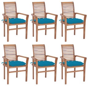 Cadeiras de jantar c/ almofadões azul-claro 6 pcs teca maciça