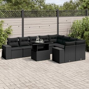 10 pcs conjunto sofás de jardim c/ almofadões vime PE preto