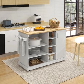 Mesa de apoio para ilha de cozinha com rodas 129 x 51 x 93 cm, 7 compartimentos, 1 armário, 1 porta, 1 porta para panos de cozinha, , em madeira e bra