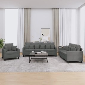 3 pcs conjunto de sofás com almofadas tecido cinzento-escuro