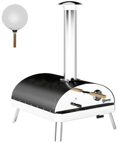 Outsunny Mini Forno de Pizza Exterior Portátil Forno a Lenha com Pedra Refratária Ø33 cm Termómetro e Bandeja Giratória 84x47x82 cm Prata