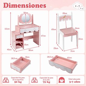 Conjunto de Toucador Infantil e Cadeira, 80 x 40 x 112 cm, Amplo Espaço de Arrumação, Cor-de-rosa