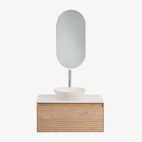 Conjunto De Móveis De Banheiro Em Madeira Tedrik Ash Castanho Fresno & Cimento Redondo Branco Ø40 Cm Zavion & Ovalado Com Armazenamento - Sklum