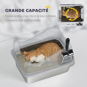 Caixa de areia gatos em aço inoxidável, casa de higiene para gatos, bordas altas, fácil de limpar, 43,1 x 33,2 x 25,4 cm, cinzento