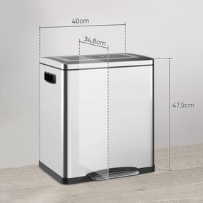 Caixote do lixo de cozinha com 2 compartimentos de 2 x 15 L, com pedal, em aço inoxidável, com tampa de fecho suave prateado