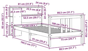 Cama com estante sem colchão 75x190 cm pinho maciço