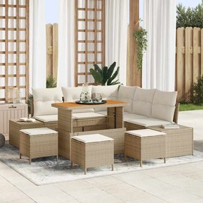 Conjunto de Sofá de Jardim vidaXL com Almofadas 9 Peças Bege Polirattan Acácia