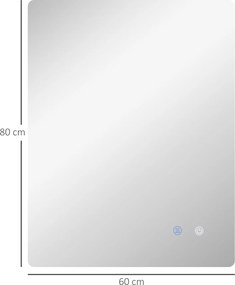Espelho retangular de parede com iluminação LED para casa de banho, 80 x 60 cm, luminosidade regulável, branco transparente