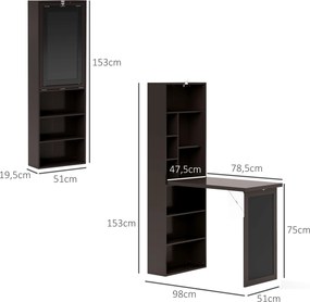 Secretária com arrumação dobrável, encostada à parede, com estante, posto de trabalho, quadro de giz e prateleira ajustável castanho, preto