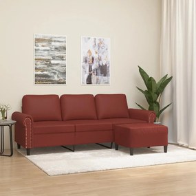 vidaXL Sofá 3 lugares c/ apoio pés 180 cm couro artif. vermelho tinto