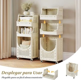 Carrinho para roupa suja 40 x 30 x 100 cm com 4 níveis com Cesto dobrável com 2 cestos 6 ganchos para pendurar com rodas bege