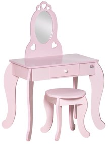 HOMCOM Toucador Infantil de Madeira para Crianças de 3-6 Anos com Banco e Espelho Estilo Princesa Mesa de Maquilhagem Infantil com Gaveta para Dormitório 60x36x88cm Rosa