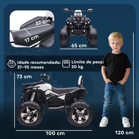 Moto 4 Elétrica 12V para Crianças com Farol Música Pneus de Suspensão Botões Avance e Retrocesso 100x65x73cm Branco