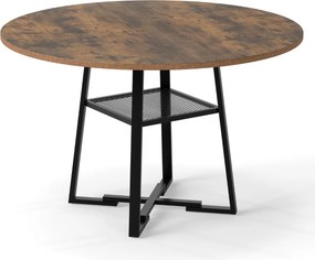 Mesa redonda de 120 cm com prateleira em malha (CADEIRAS INCLUIDAS) e estrutura metálica com travessas de madeira para 4-6 pessoas, castanho rústico e