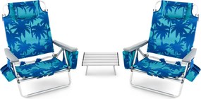 Conjunto de 2 cadeiras reclináveis de exterior com estrutura de alumínio e mesa de jardim, piscina campismo, praia dobraveis Azul