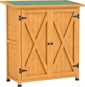 Outsunny Armário de jardim, Casinha de ferramentas em madeira, Armário resistente às intempéries com 2 portas e telhado de betume 110 x 55 x 117 cm, Amarelo | Aosom Portugal