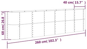 Canteiro elevado jardim 260x40x68cm aço revestido a pó cinzento