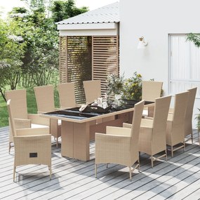 vidaXL 11 pcs conjunto de jantar p/ jardim com almofadões vime PE bege