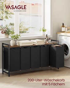 Cesto para roupa suja 143,5 x 33 x 72 cm com prateleira em tecido Oxford preto-castanho