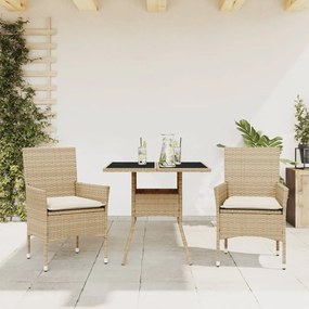 3 pcs conjunto jantar jardim com almofadões vime PE/vidro bege