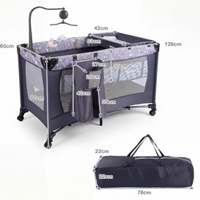 Cama de Viagem Dobrável para Bebé com Trocador, 126 x 65 x 77 cm, 4 Funções, Cinzento-escuro