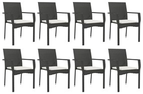 9 pcs conjunto de jantar p/ jardim c/ almofadões vime PE preto