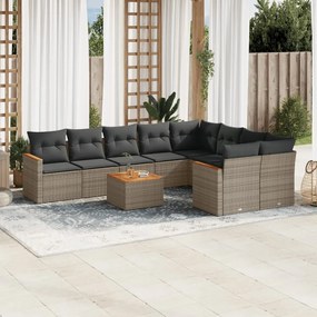 10 pcs conjunto sofás de jardim c/ almofadões vime PE cinzento